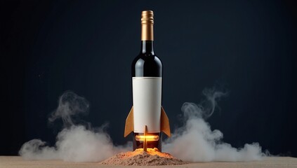 Professional Photograph of a Rocket Wine Bottle with Star Charts Ready for Launch