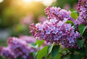Obraz premium Beautiful lilac flowers blooming in soft sunlight during springtime