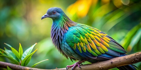 Fototapeta premium Closeup Portrait of a Nicobar Pigeon on a Branch Exquisite Detail and Exotic Beauty