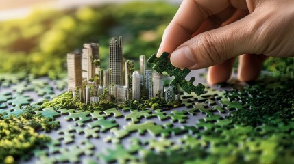 A hand is reaching for a piece of a puzzle that is made to look like a city