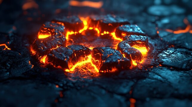 Ring of glowing, fiery, volcanic rocks, surrounded by dark textured lava