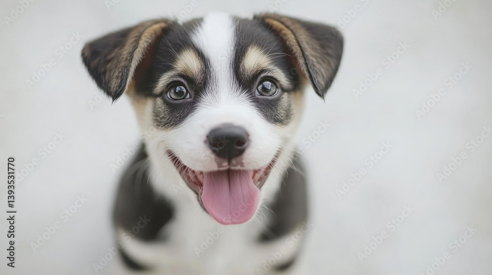 Poster Happy corgi puppy looking up with tongue out in playful white studio setting