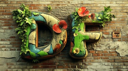 Colorful painted letter on a wall with peeling paint Suitable for design projects