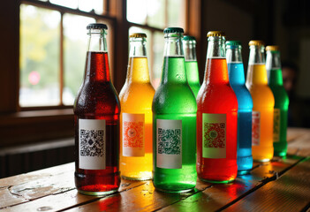 Colorful soda bottles with QR codes arranged on a wooden table
