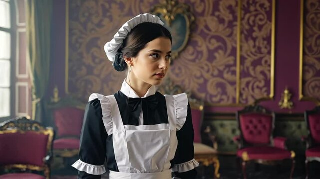 Young woman dressed as a maid poses in an opulent historical room with rich purple wallpaper and elegant furnishings