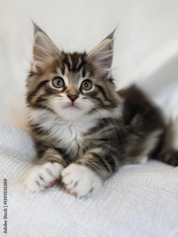 Poster fluffy kitten playfully raising paw on a white background in a minimal setup, showcasing its cutenes