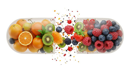 A burst of vibrant fruits explodes from a giant capsule, a delicious and healthy vitamin boost packed with nature's goodness, showcasing a bright, clean aesthetic.