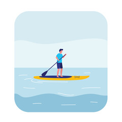 Paddleboarding man on water in flat style vector art