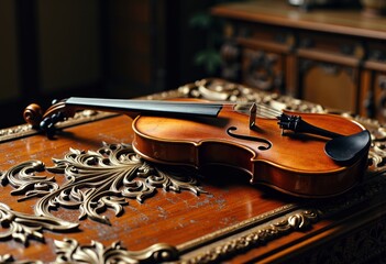 Fototapeta premium A beautifully crafted violin resting on an ornate wooden table