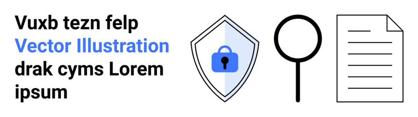 Shield with padlock symbolizing security, magnifying glass for inspection, and document for information. Ideal for cybersecurity, data protection, surveillance, compliance, auditing, and data