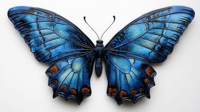 A vibrant blue butterfly with intricate patterns and orange accents on its wings is displayed from directly above