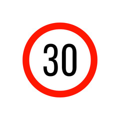 Speed limit road sign from the prohibitory group. Circle with a red border, white background and a number inside. For use in design, in traffic safety applications, for infographics, for maps.