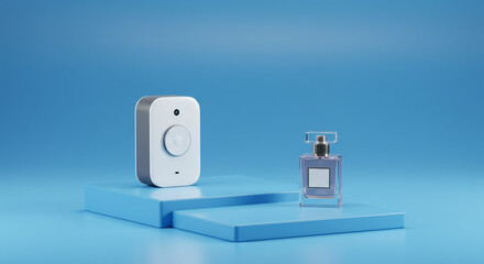 A sleek device and elegant perfume poised on a minimalist blue platform, a study in modern simplicity and subtle sophistication against a serene backdrop.