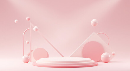 A dreamy pastel pink display showcasing delicate geometric shapes and floating spheres, creating a serene and elegant atmosphere with soft lighting.