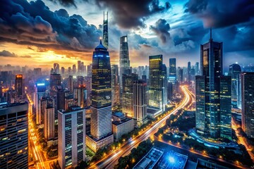 Naklejka premium Urban Metropolis at Night A Vision of Entrepreneurial Success and Bright Futures in Urban Development