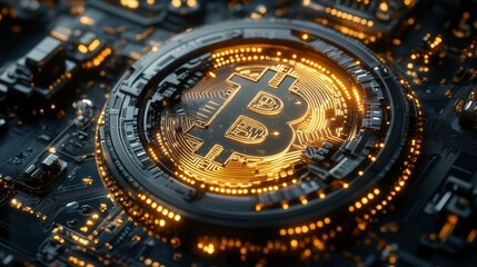 Golden Bitcoin on Circuit Board; Crypto Technology Background; Finance Illustration