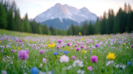 Obraz premium Vibrant wildflowers carpet a meadow, with a majestic mountain range in the background. Lush greenery and colorful blossoms create a picturesque summer scene