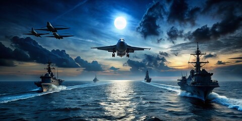 Silhouette of a Jet and Warship at Night Majestic Naval Aviation at Sea
