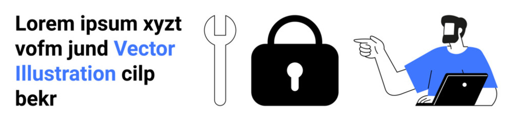 Man pointing while using a laptop, with a lock and wrench emphasizing security, repair, or maintenance. Ideal for cybersecurity, toolkits, updates, encryption, problem-solving education flat