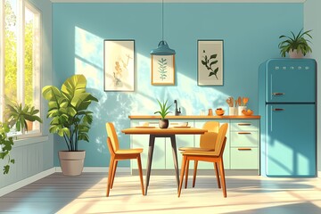 Modern Kitchen Interior Design: Bright & Cozy Dining Space with Blue Accents, Wood Furniture, and Green Plant Decor 