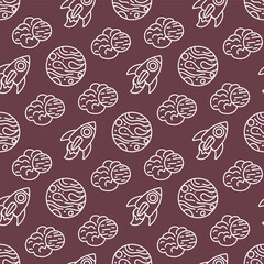 Planets and rockets in space. eamless vector pattern for fabric design, wallpapper, wrapping.