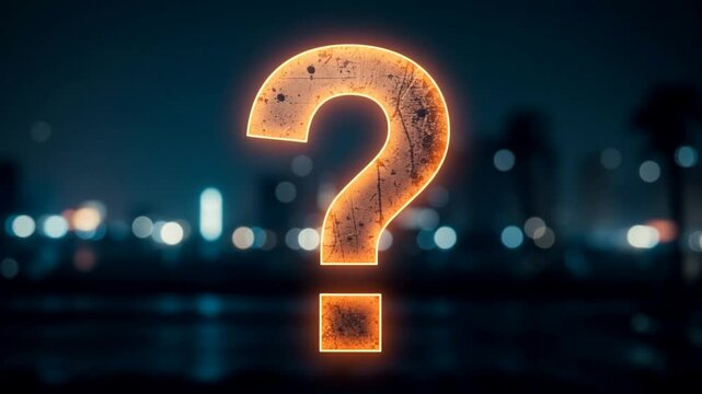 Glowing Question Mark Enigma Against Night Cityscape Background Mysterious Urban Night Scene