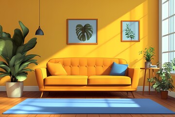Modern Interior Design: Bright Living Room with Yellow Walls, Green Plants, and Stylish Furnishings