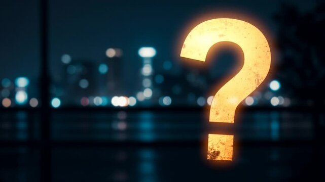 Night City Enigma A Glowing Question Mark Against a Blurred Urban Nightscape