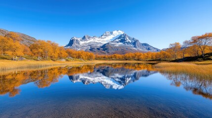 Mountain Lake Autumnal Trees Vivid, High-definition wide angle view, crisp reflection, serene landscape, mountain backdrop, bright cool tones, perfect for nature calendars