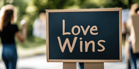 activist poster, a clear focus on a bold handwritten love wins message on an lgbtq protest sign, with a vague background of marching silhouettes