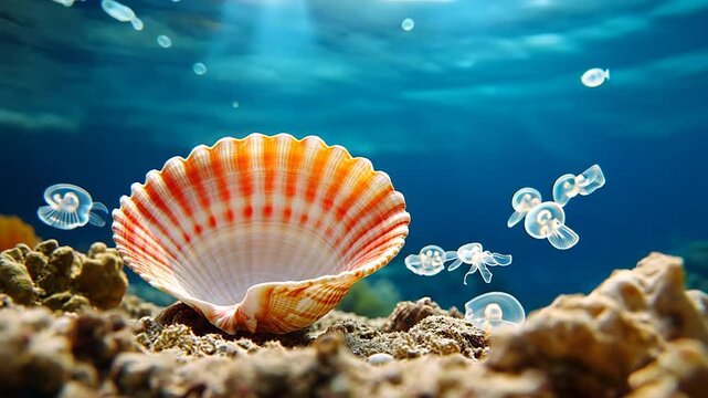 A vibrant underwater scene featuring a scallop shell surrounded by jellyfish in clear blue water
