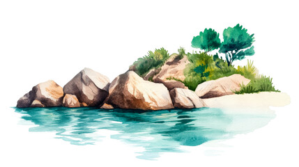 Watercolor island with stones, sea, and trees illustration, cut out transparent