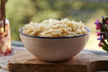 A bowl of sauerkraut or fermented cabbage