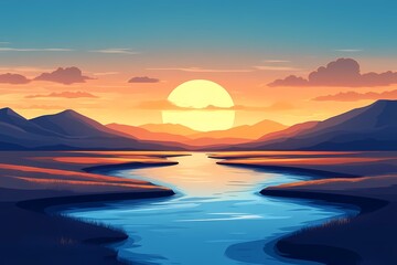 Majestic Sunset Over Serene River Landscape: Vibrant Nature Art with Mountain Reflections