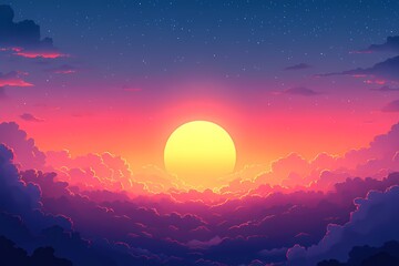 Naklejka premium Stunning Digital Art Illustration of a Vibrant Sunset Sky with Colorful Clouds and Tranquil Landscape