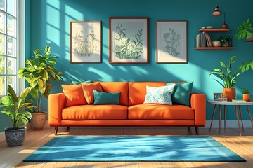 Modern Interior Design: Vibrant Living Room Decor with Orange and Teal Aesthetic Featuring Comfortable Furniture and Cozy Home Accessories