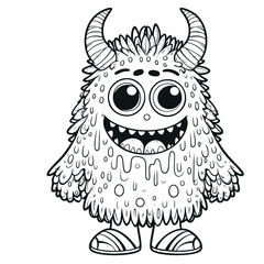 Adorable Furry Monster with Horns and Big Eyes – Hand Drawn Line Art for Kids Coloring Page and Printable Activity