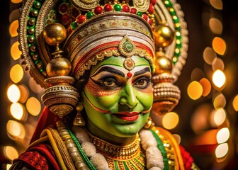 Fototapeta premium Mystical Oneness Kathakali Dancers Face in the Kerala Night A Glimpse of the Onam Festival