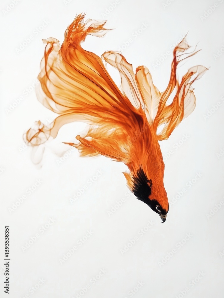 Poster Hawk diving through air with flowing feathers on a white background showcasing dynamic movement and agility