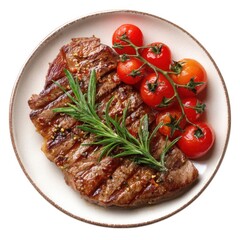 Grilled steak with tomatoes and rosemary on a plate above isolated on white background