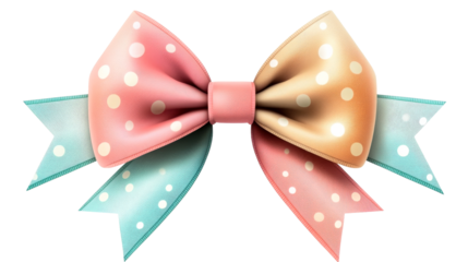 Pink bow with polka dots, peach accents, and teal details, cut out transparent