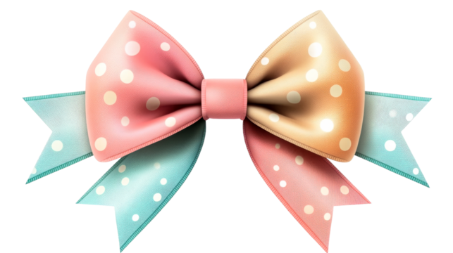 Pink bow with polka dots, peach accents, and teal details, cut out transparent