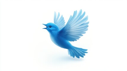 Obraz premium A stylized blue bird with layered feathers soars upwards, wings spread in flight. Its design is sleek and modern