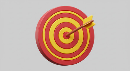 Achieving the ultimate goal, a bullseye hit with precision and determination, rendered in vibrant red and yellow 3D design.