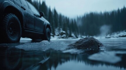 SUV on frozen winter lake.  Harsh winter landscape.  Adventure vehicle navigating icy terrain