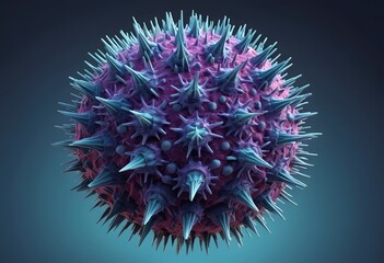 Virus Illustration, Depicting Viral Morphology With Blue And Purple Spikes On A Bumpy Surface. Scientific Visualization Showcasing The Spherical Virus Shape, Great Detail.