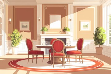 Elegant Dining Room Interior Design with Red Chairs and Wooden Table - Modern Style Home Decor | Natural Light & Plant Decorations for a Cozy Atmosphere