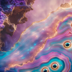 Energetic healing through mystical agate eyes floating in an ethereal nebula. A hypnotic vision radiating cosmic energy, intuition, and spiritual balance.