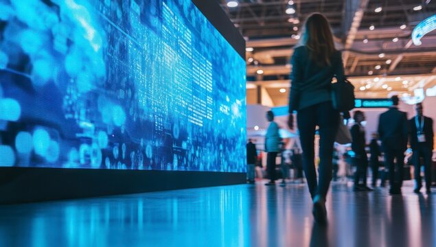 Woman Walking at Technology Convention with Large Screen Display Showing Data