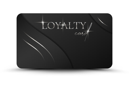 Trendy loyalty card template. Elegant Black business card with silvery 3d text and lines. Luxury design. Vector illustration for vip, bonus card, gift certificate, invitation